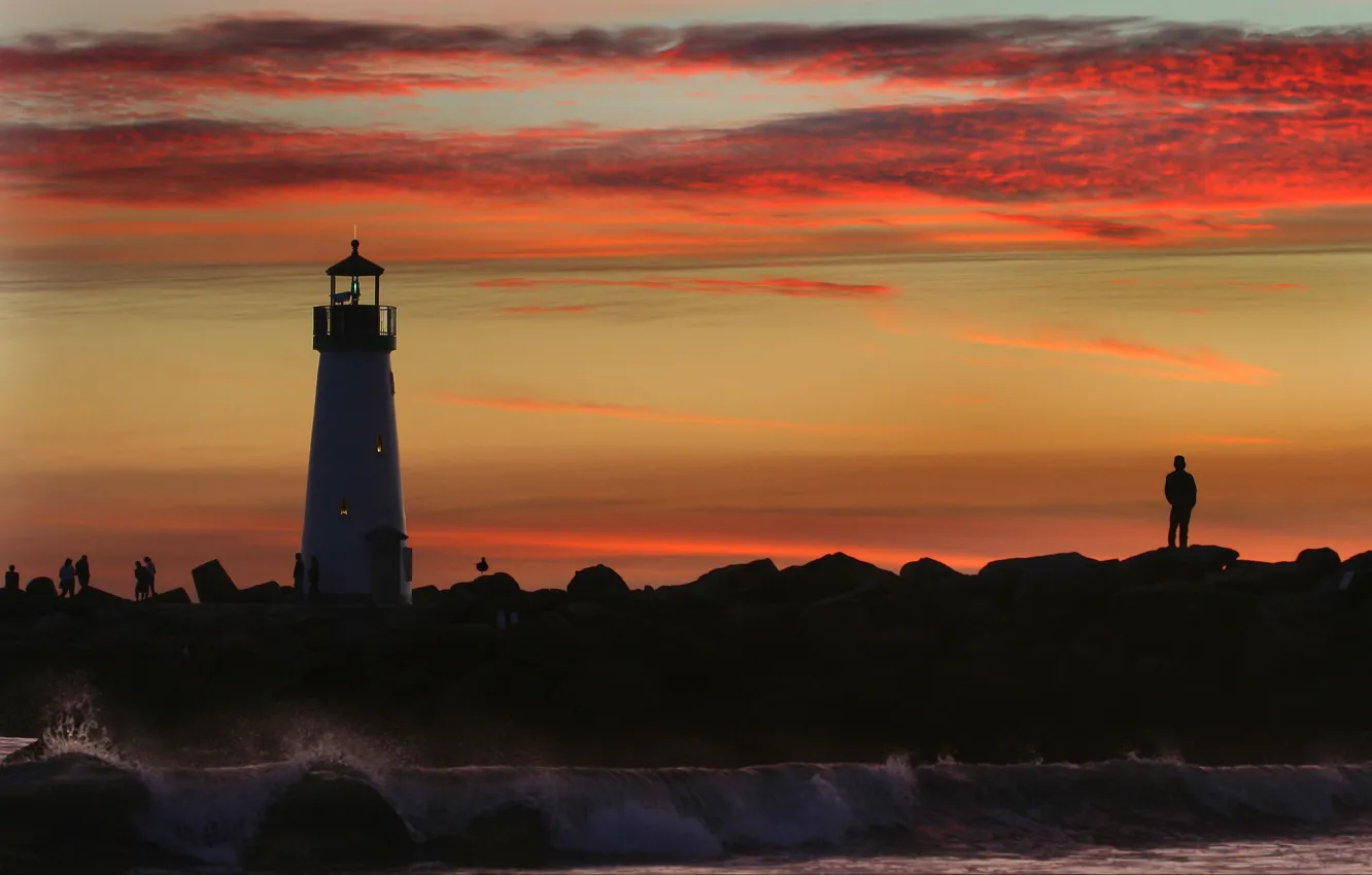 Фото обои закат, люди, маяк, Море