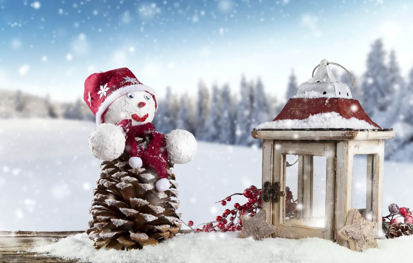 Фото обои зима, снег, пейзаж, ветки, ягоды, праздник, доски, новый год