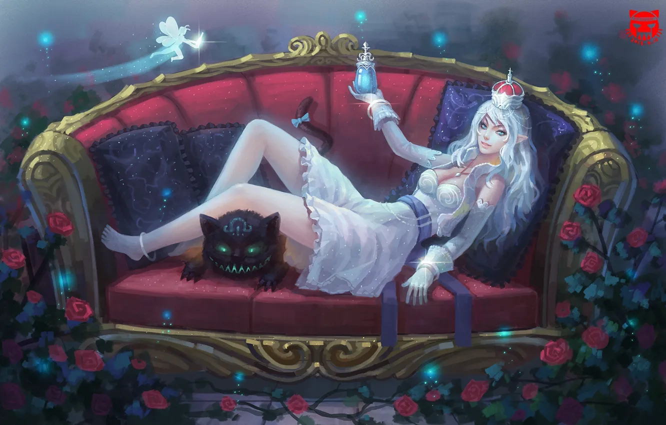 Фото обои кот, девушка, диван, корона, арт, эльфийка, белые волосы, лежа