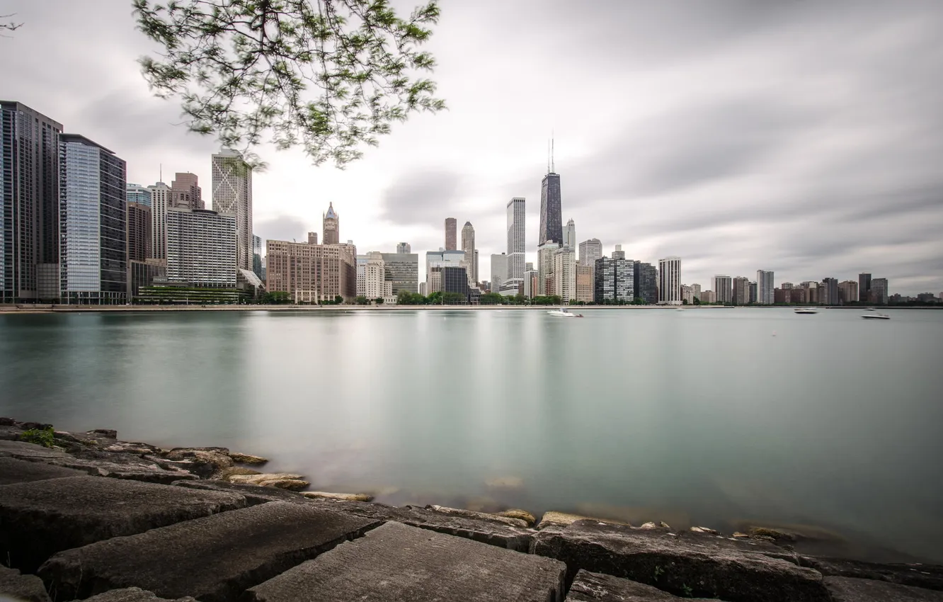 Фото обои город, река, небоскребы, Чикаго, Chicago, Иллиноис