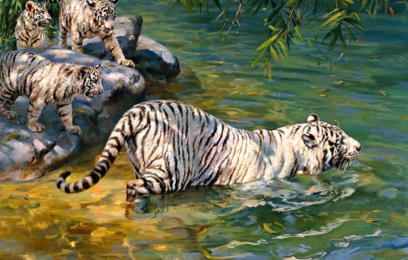 Фото обои живопись, тигры, реки, Donald Grant, альбиносы