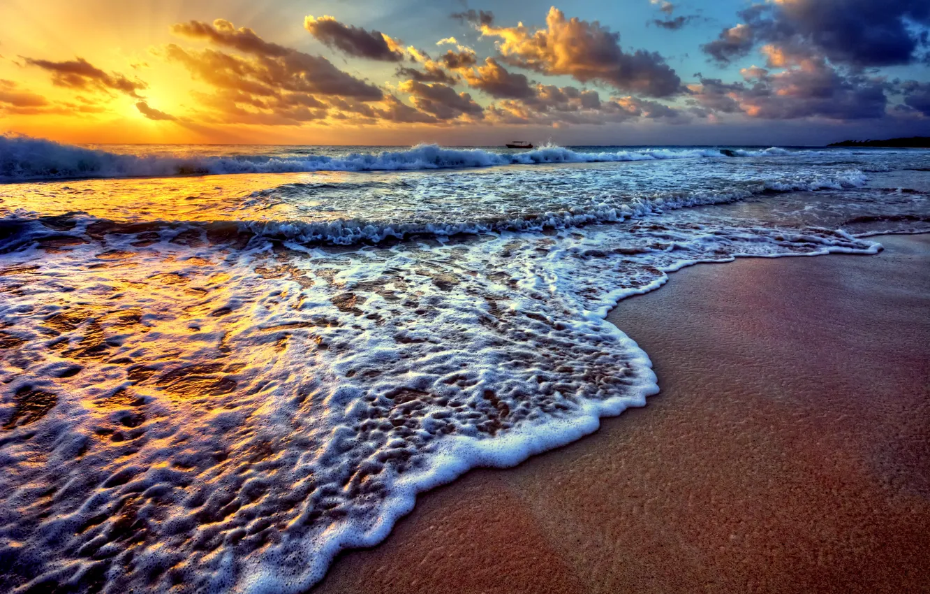 Фото обои море, волны, пляж, закат, beach, sea, sunset, seascape