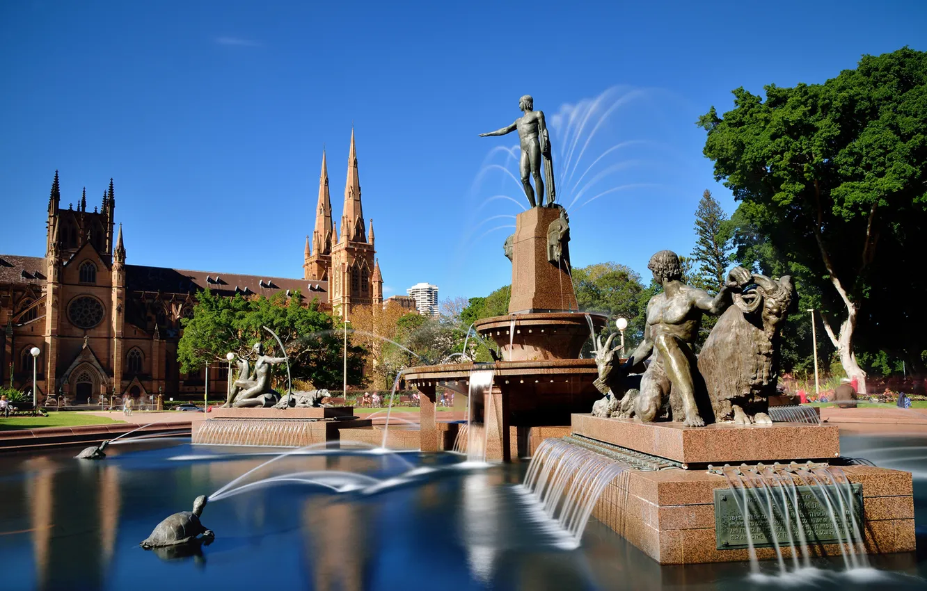 Фото обои небо, деревья, парк, Австралия, фонтан, Сидней, скульптура