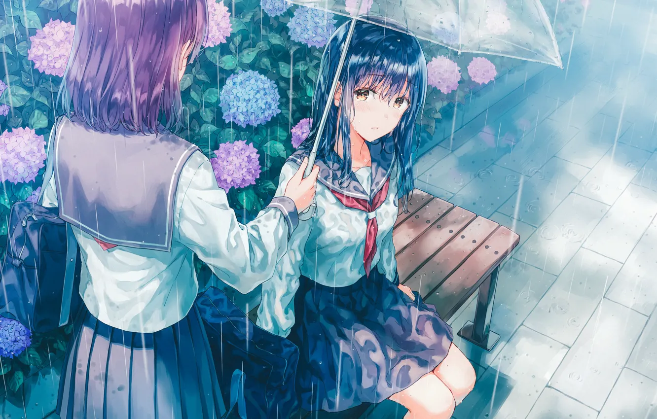 Фото обои зонт, сумка, школьницы, две девушки, синие волосы, гортензия, матроска, на скамейке