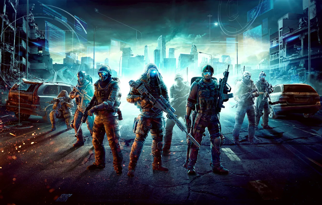 Фото обои машины, город, оружие, капюшон, солдаты, шлем, руины, Future Soldier
