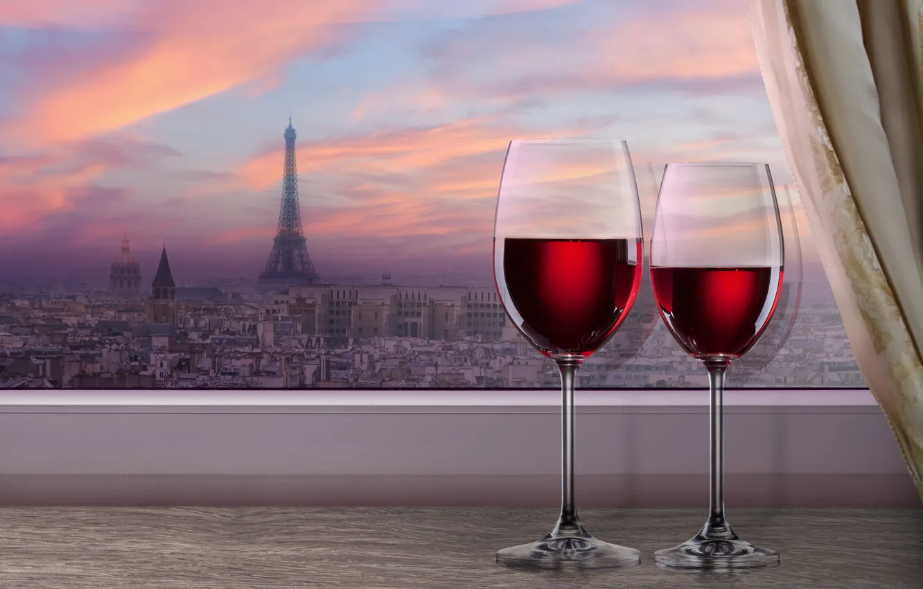 Фото обои город, вино, красное, Париж, вечер, бокалы, окно, Эйфелева башня