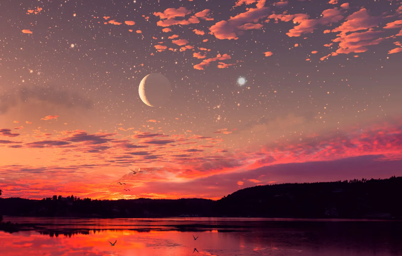 Фото обои облака, отражение, луна, красота, вечер, moon, гавань, водная гладь