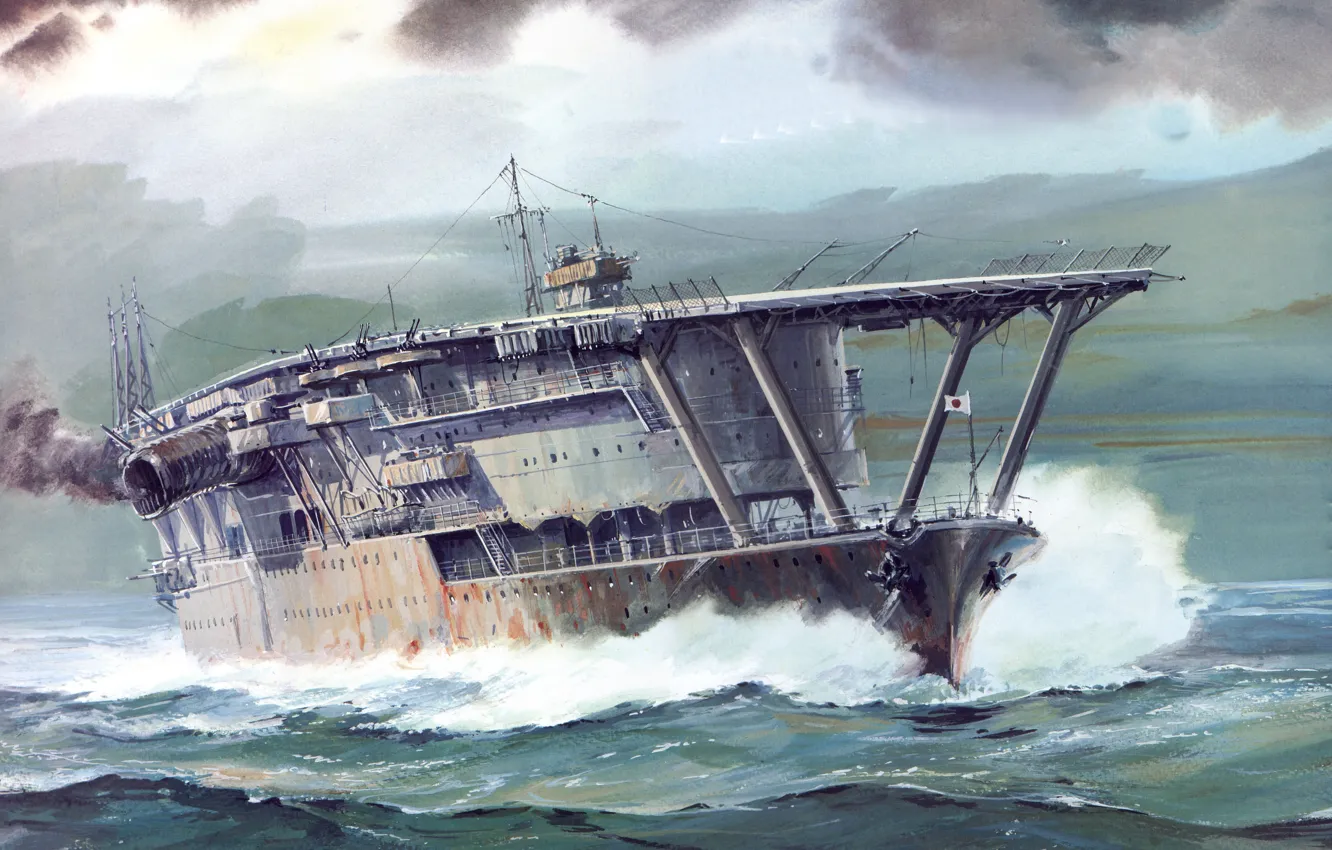 Фото обои море, волны, рисунок, арт, авианосец, WW2, ВМФ Японии, IJF