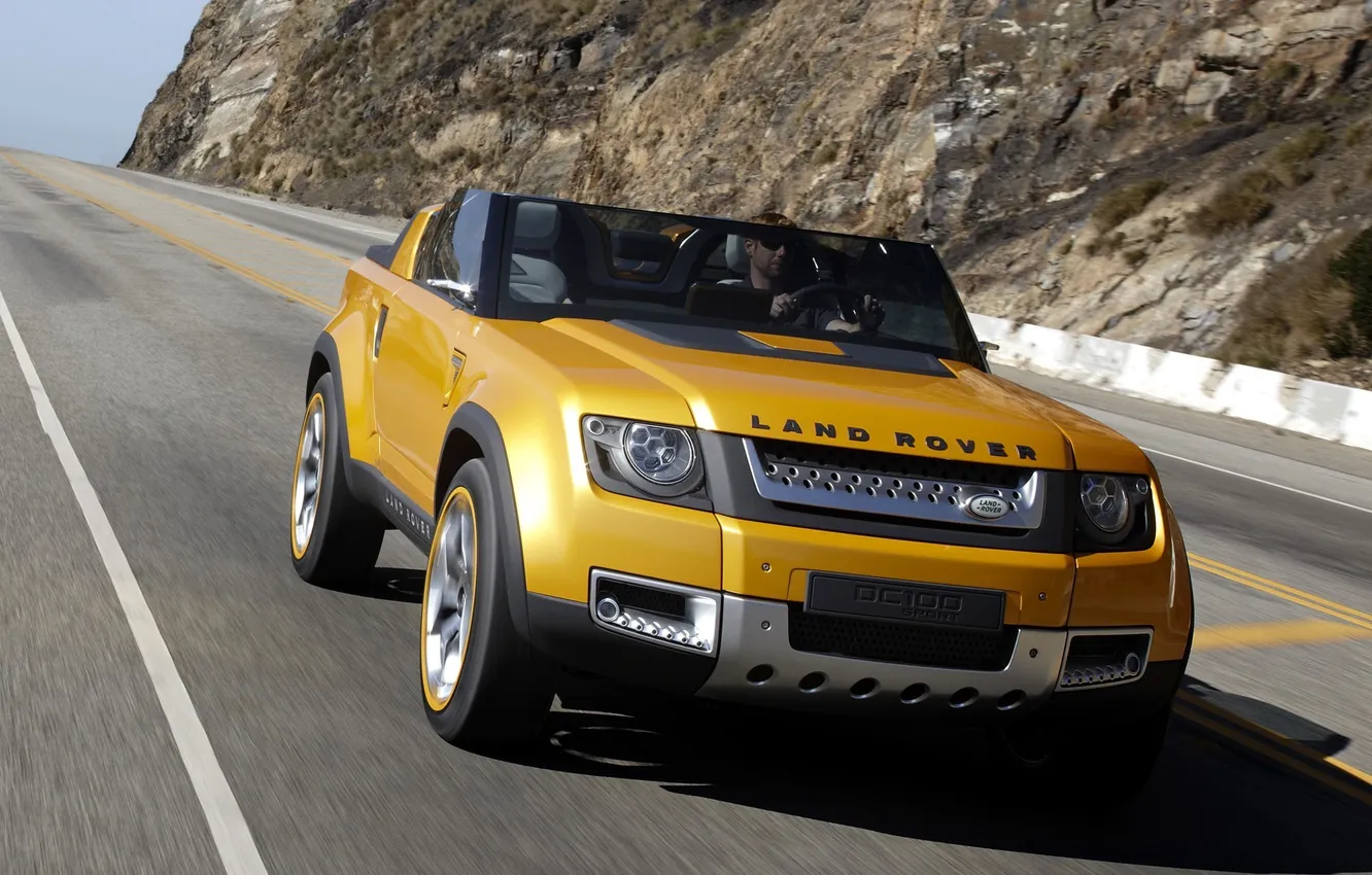 Фото обои дорога, желтый, концепт, автомобиль, land rover, dc100, 2011m