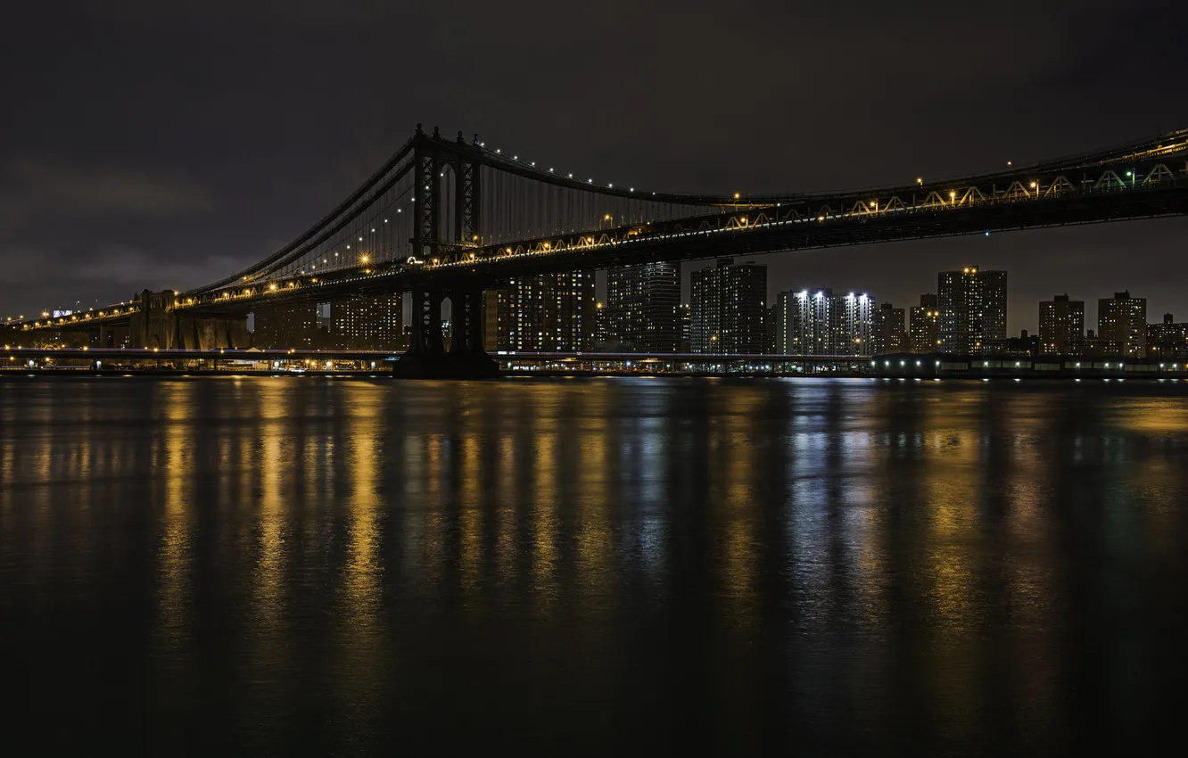 Фото обои ночь, мост, огни, Нью-Йорк, Манхеттен