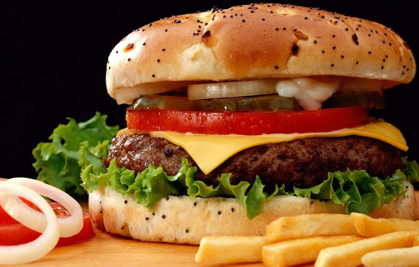Фото обои еда, сыр, огурец, лук, бутерброд, помидор, гамбургер, котлета