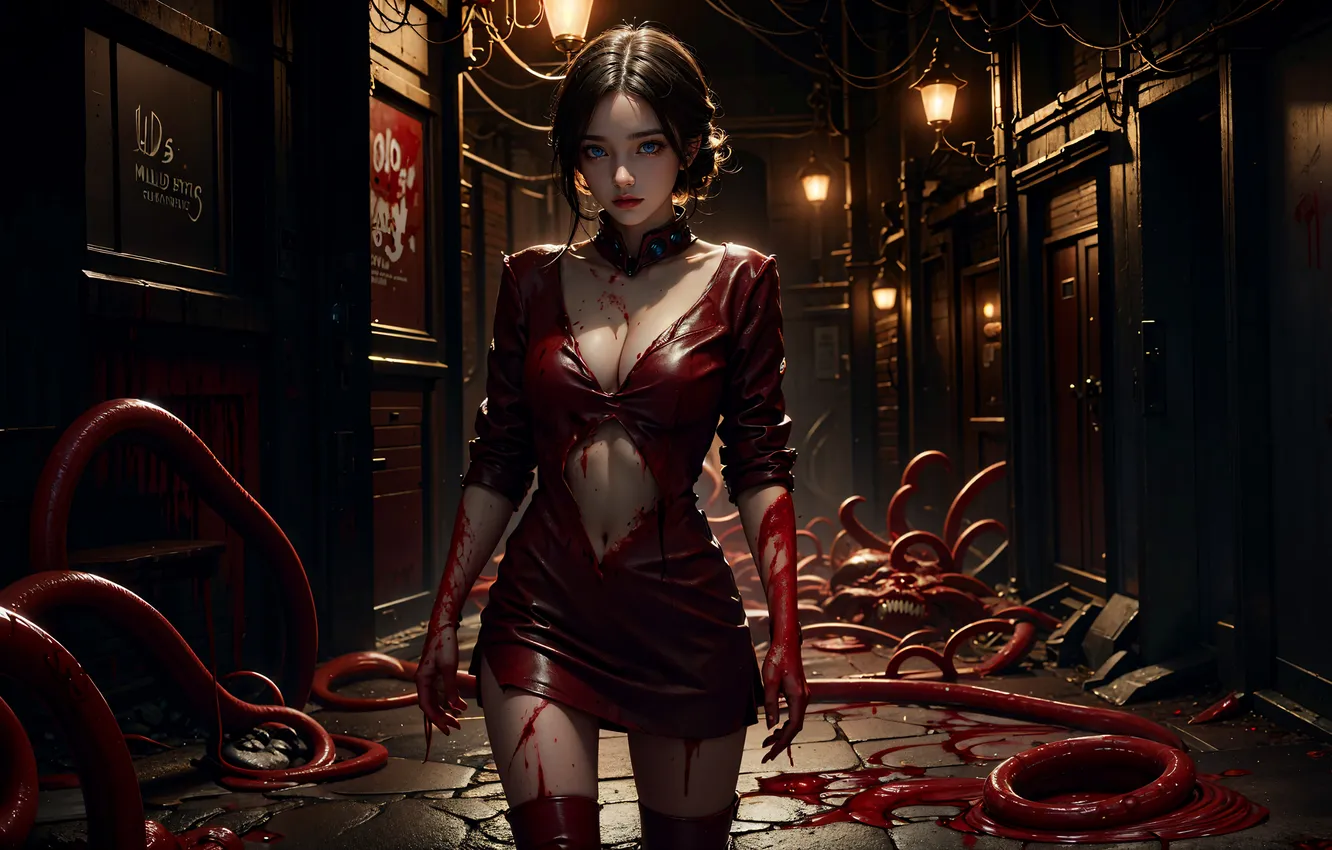 Фото обои девушка, ночь, улица, кровь, демон, фонари