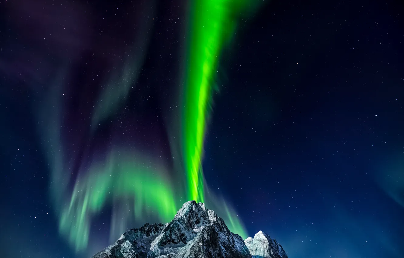 Фото обои горы, северное сияние, Норвегия, Norway, звёздное небо, Лофотенские острова, Lofoten Islands