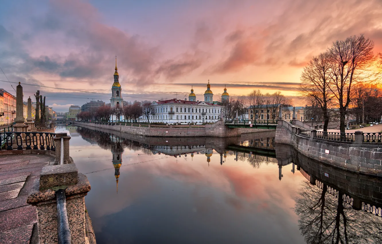 Фото обои осень, закат, город, отражение, здания, башня, Питер, Санкт-Петербург