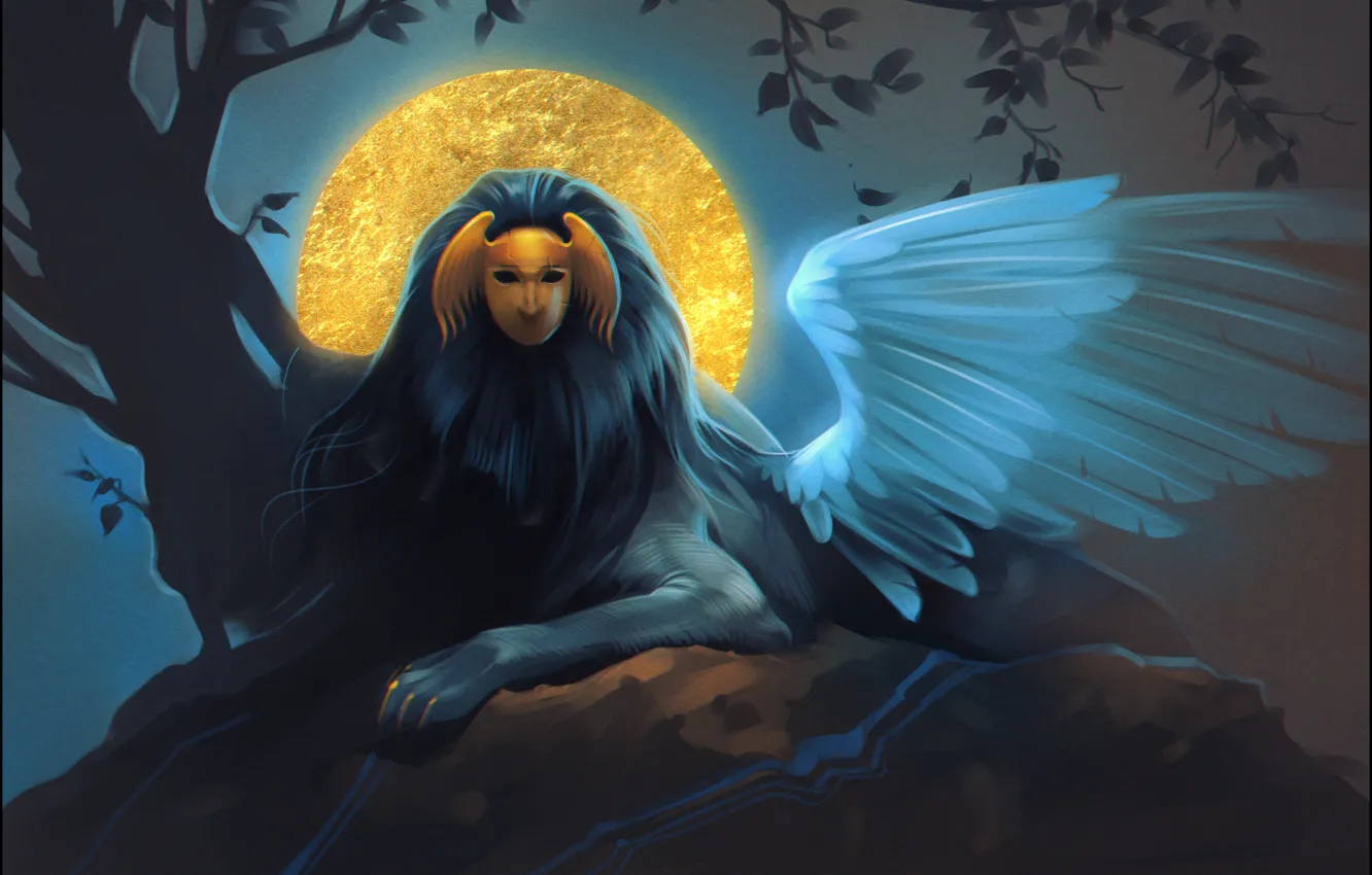 Фото обои ночь, крылья, маска, арт, миф, сфинкс, sphinx