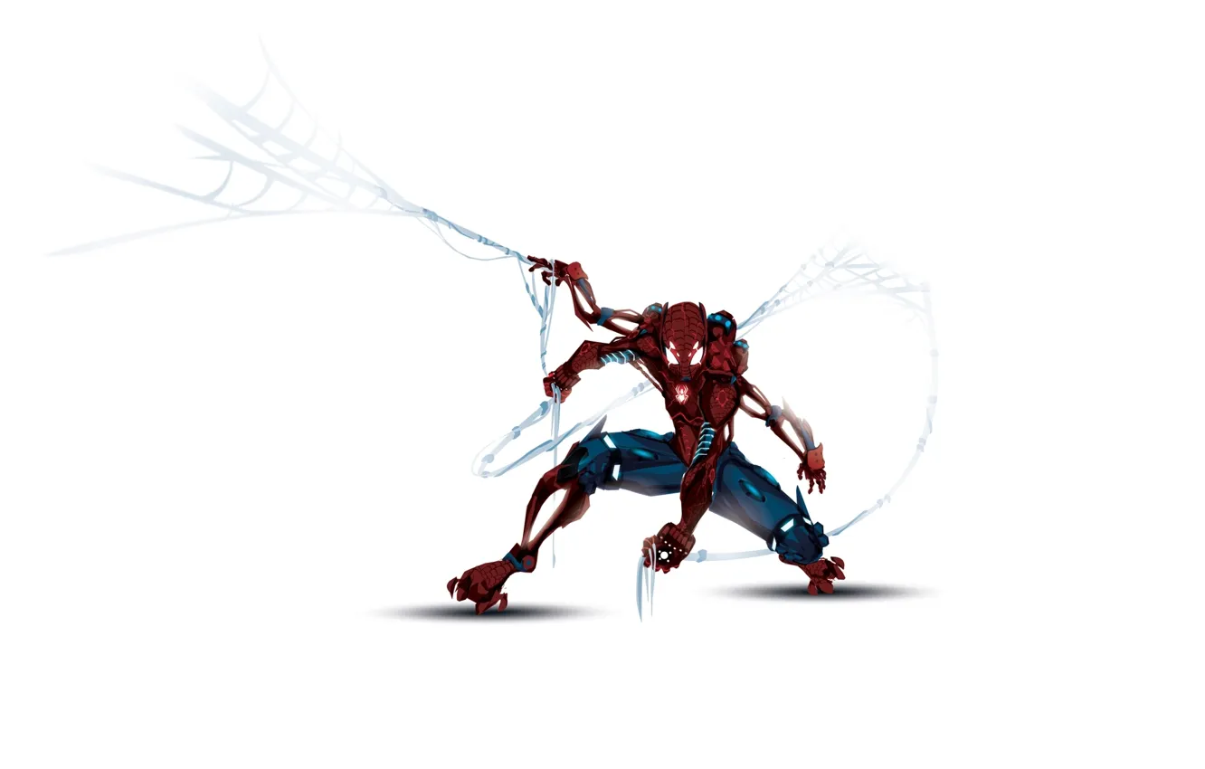 Фото обои робот, паутина, белый фон, киборг, комиксы, marvel, comics, человек паук