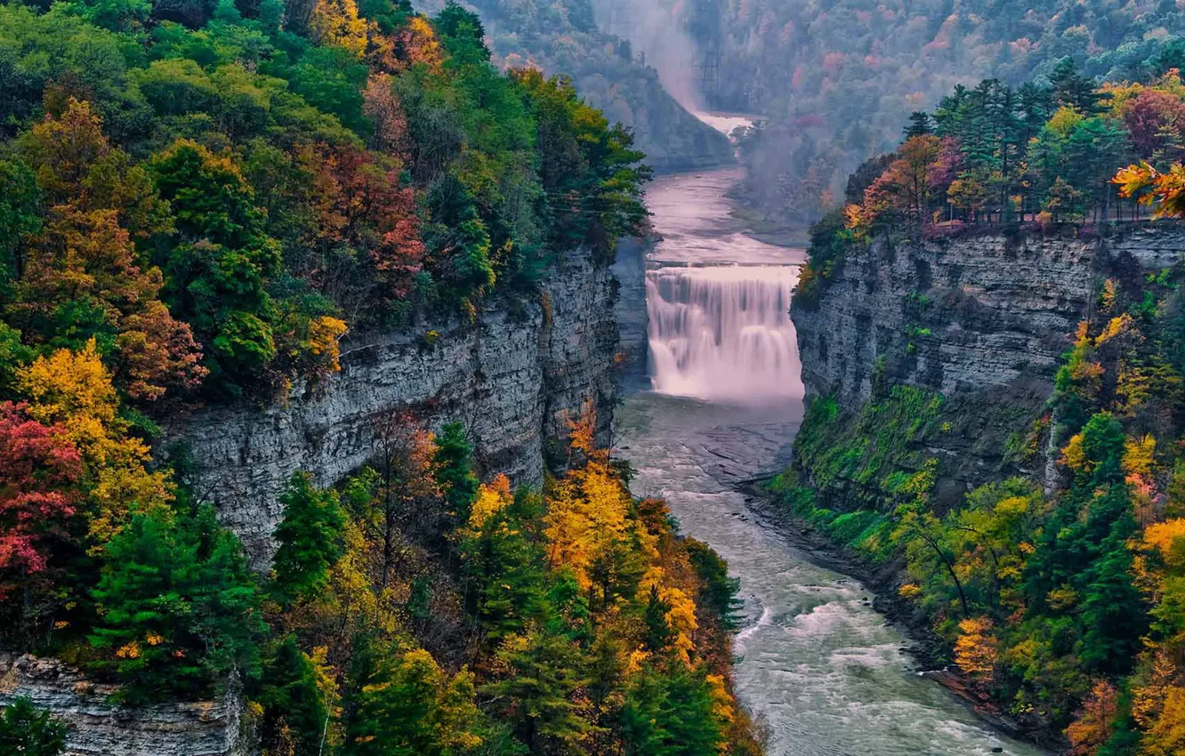 Фото обои осень, лес, река, скалы, водопад, США, Государственный парк Лечуорт
