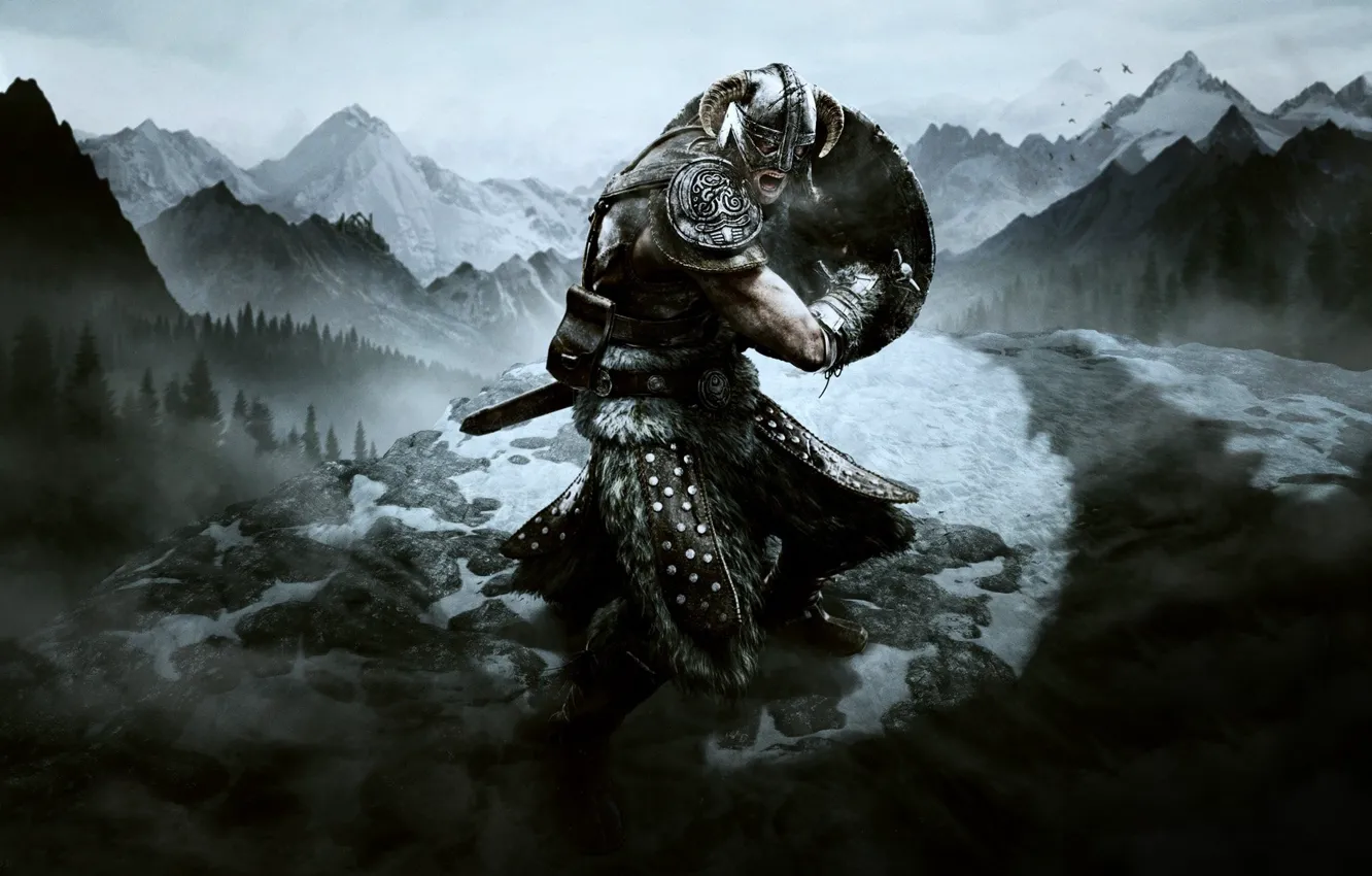 Фото обои снег, меч, воин, щит, the elder scrolls, Skyrim