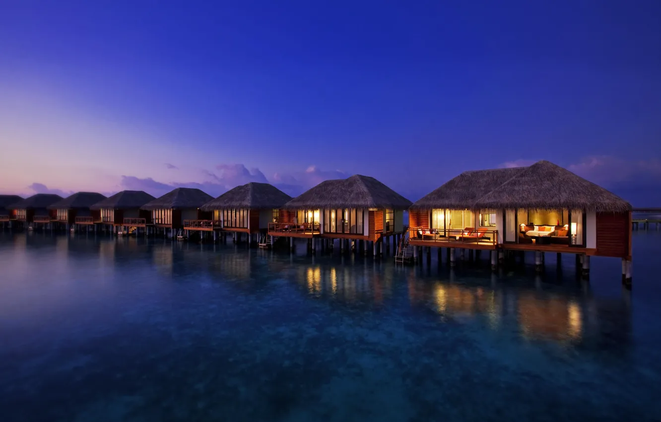 Фото обои океан, вечер, курорт, бунгало, Maldives, resort