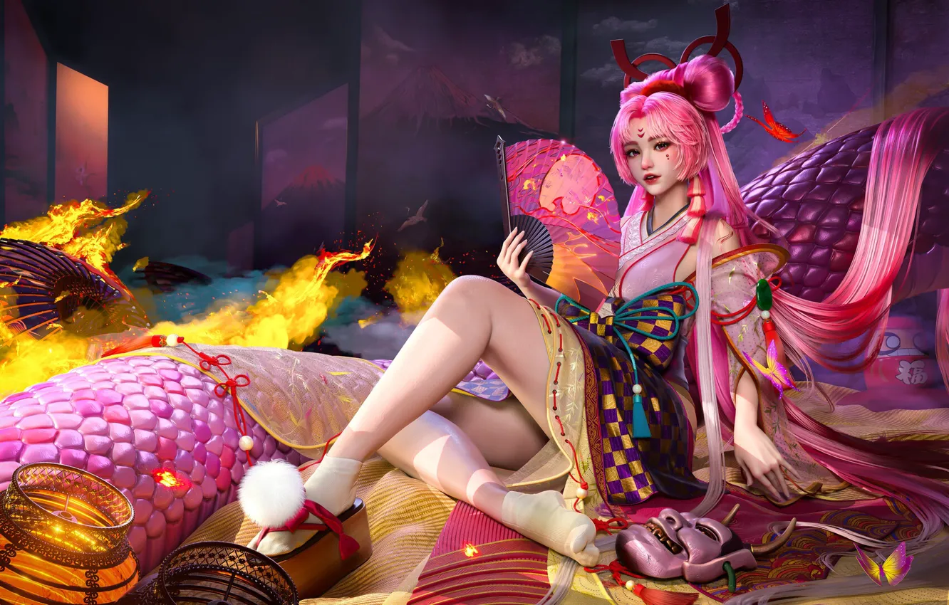 Фото обои fire, pink hair, pink, women, fans, pillow, sandals, scales