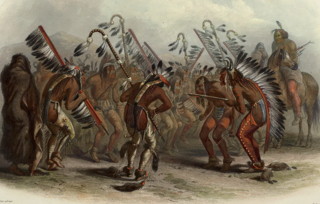 Фото обои картина, живопись, painting, Karl Bodmer, Бодмер, 1843, dance of the mandan indians