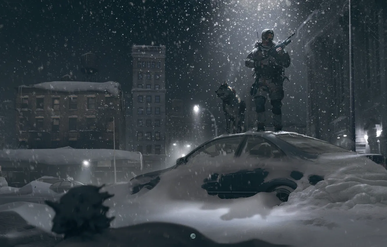 Фото обои зима, свет, снег, ночь, улица, собака, солдат, фонарь