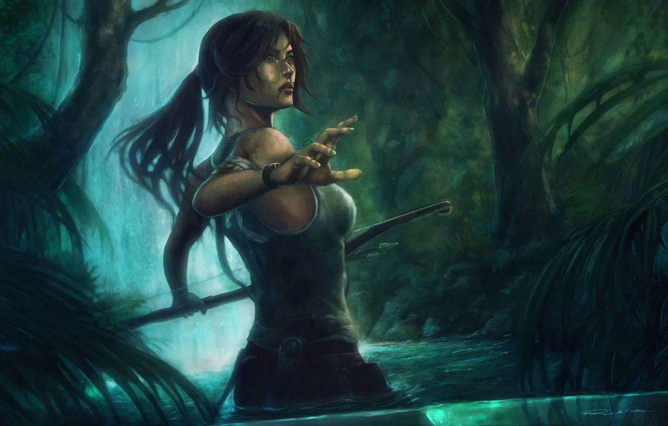 Фото обои вода, девушка, река, водопад, лук, джунгли, арт, Tomb Raider