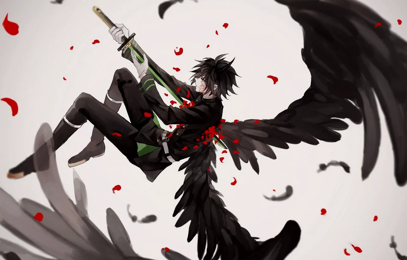 Фото обои крылья, ангел, меч, аниме, арт, Owari no Seraph, последний серафим, Юичиро