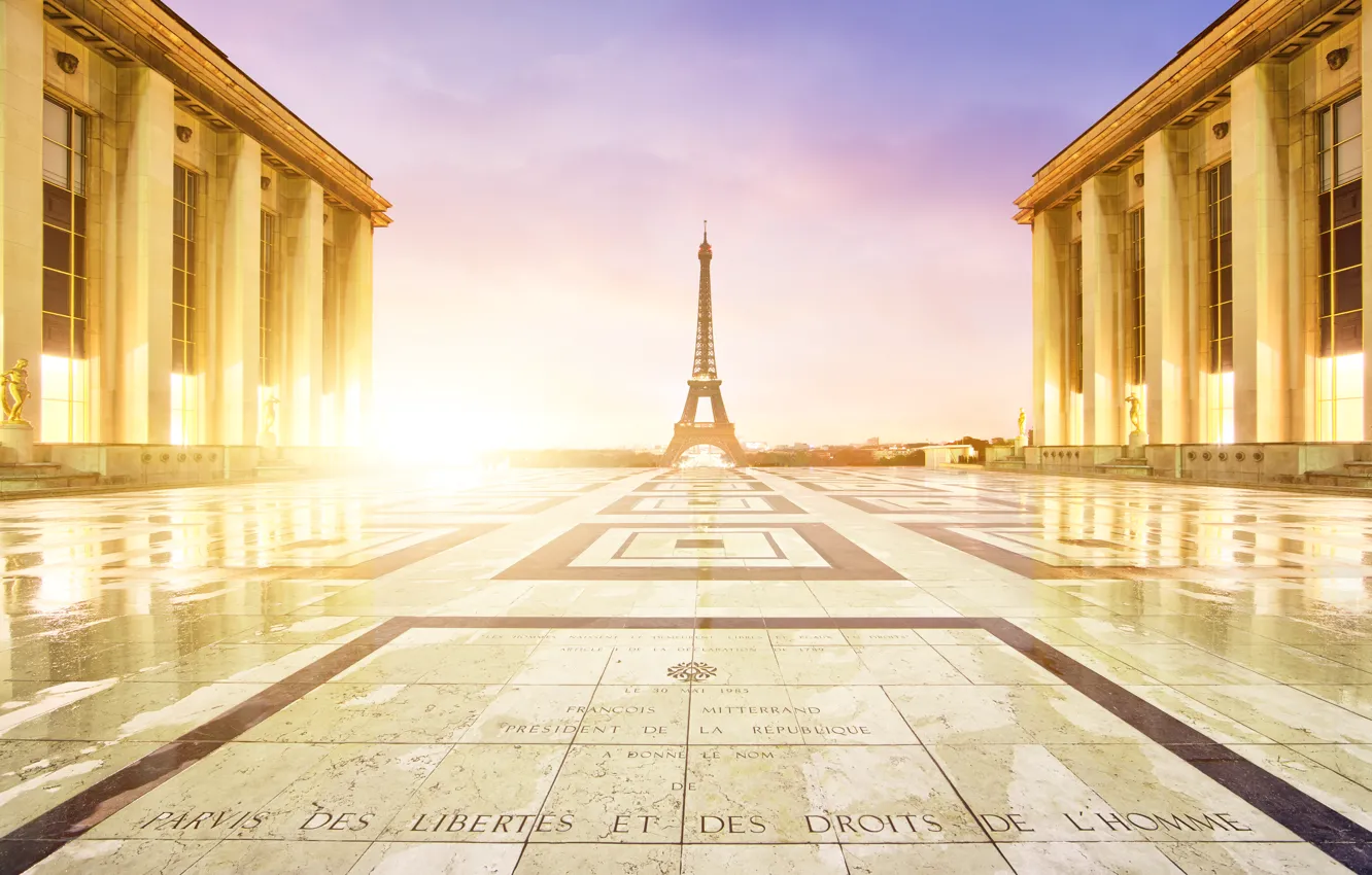 Фото обои город, рассвет, Франция, Париж, здания, утро, площадь, Эйфелева башня