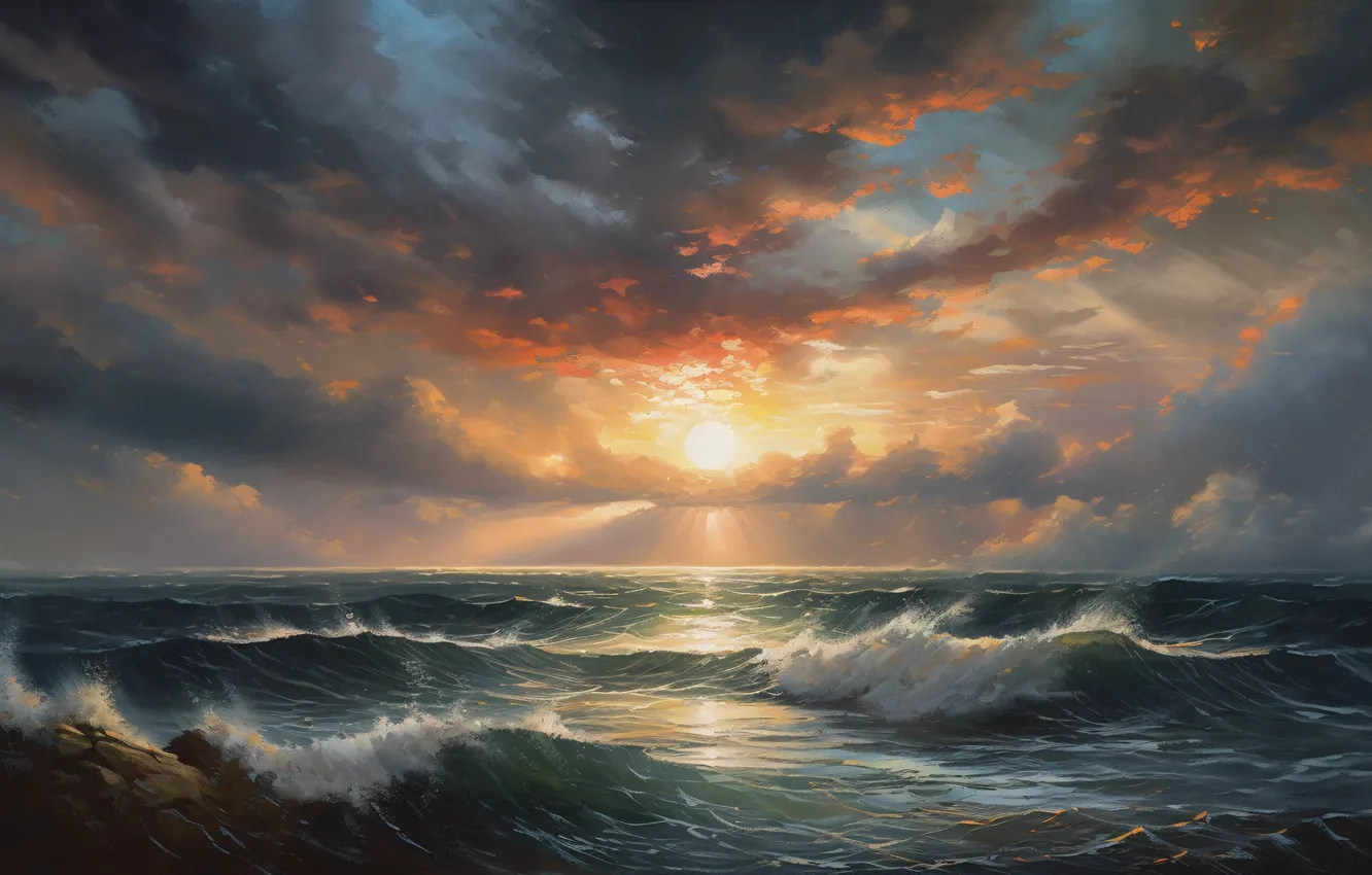 Фото обои waves, sea, sunset, clouds