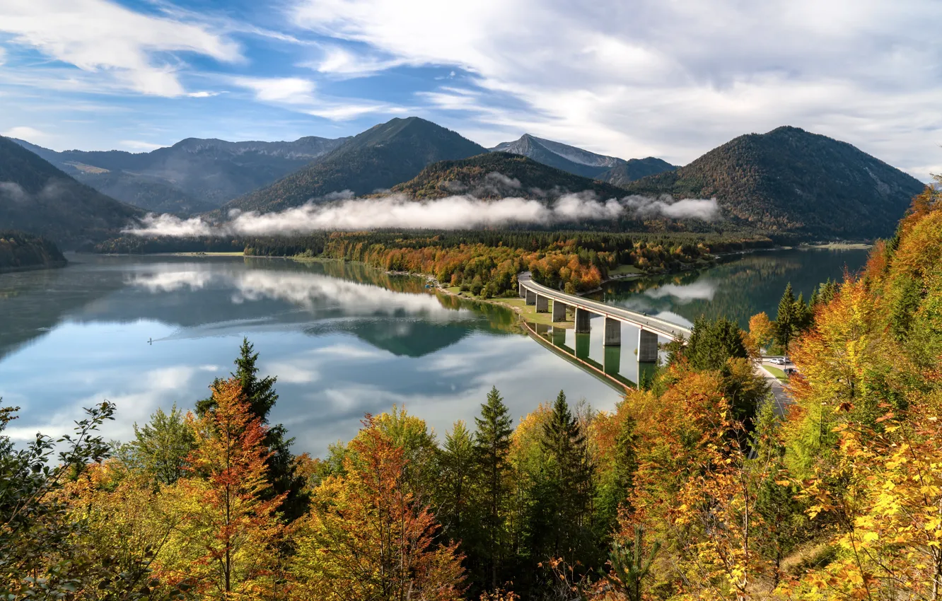 Фото обои осень, деревья, горы, мост, озеро, Германия, Бавария, Germany