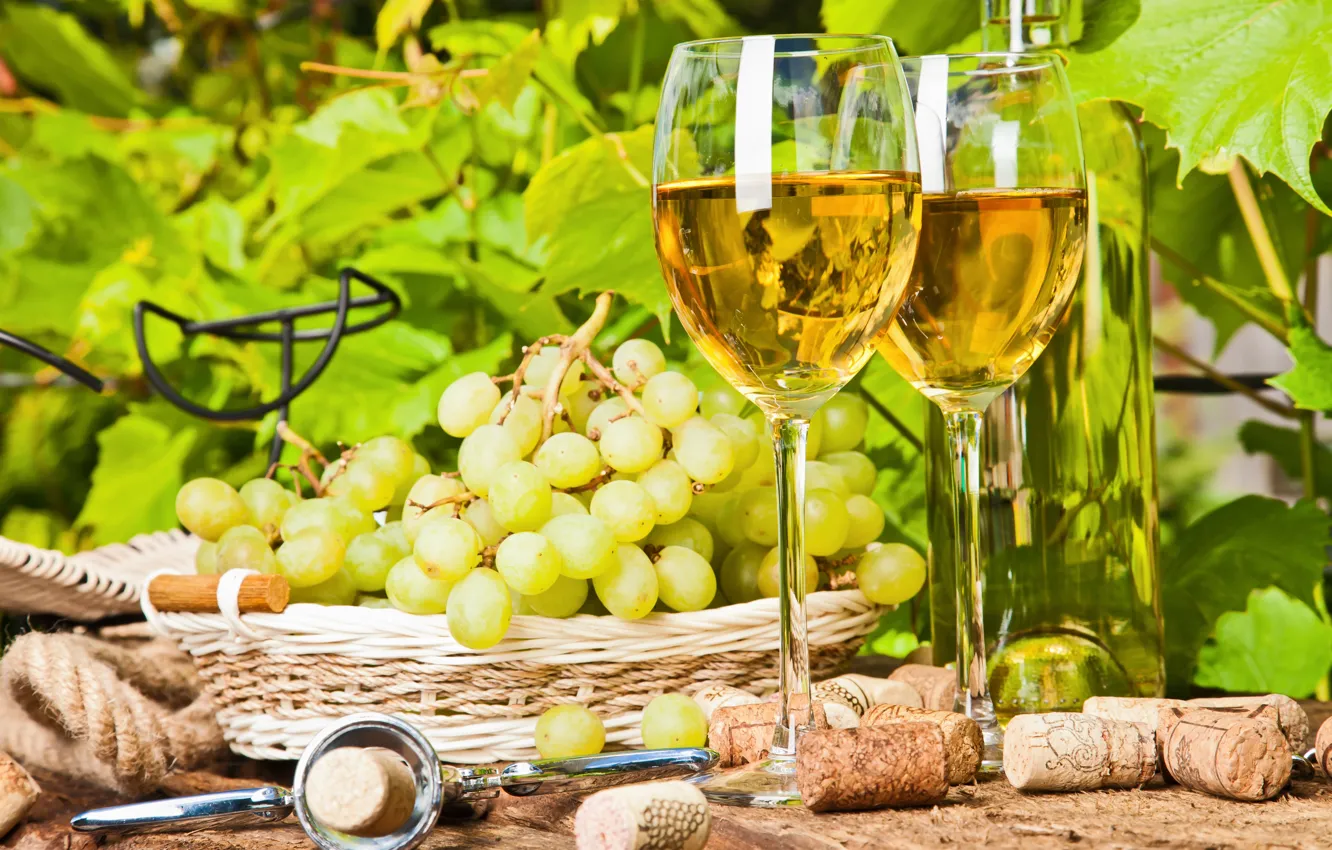 Фото обои корзина, виноград, пробки, штопор, белое вино
