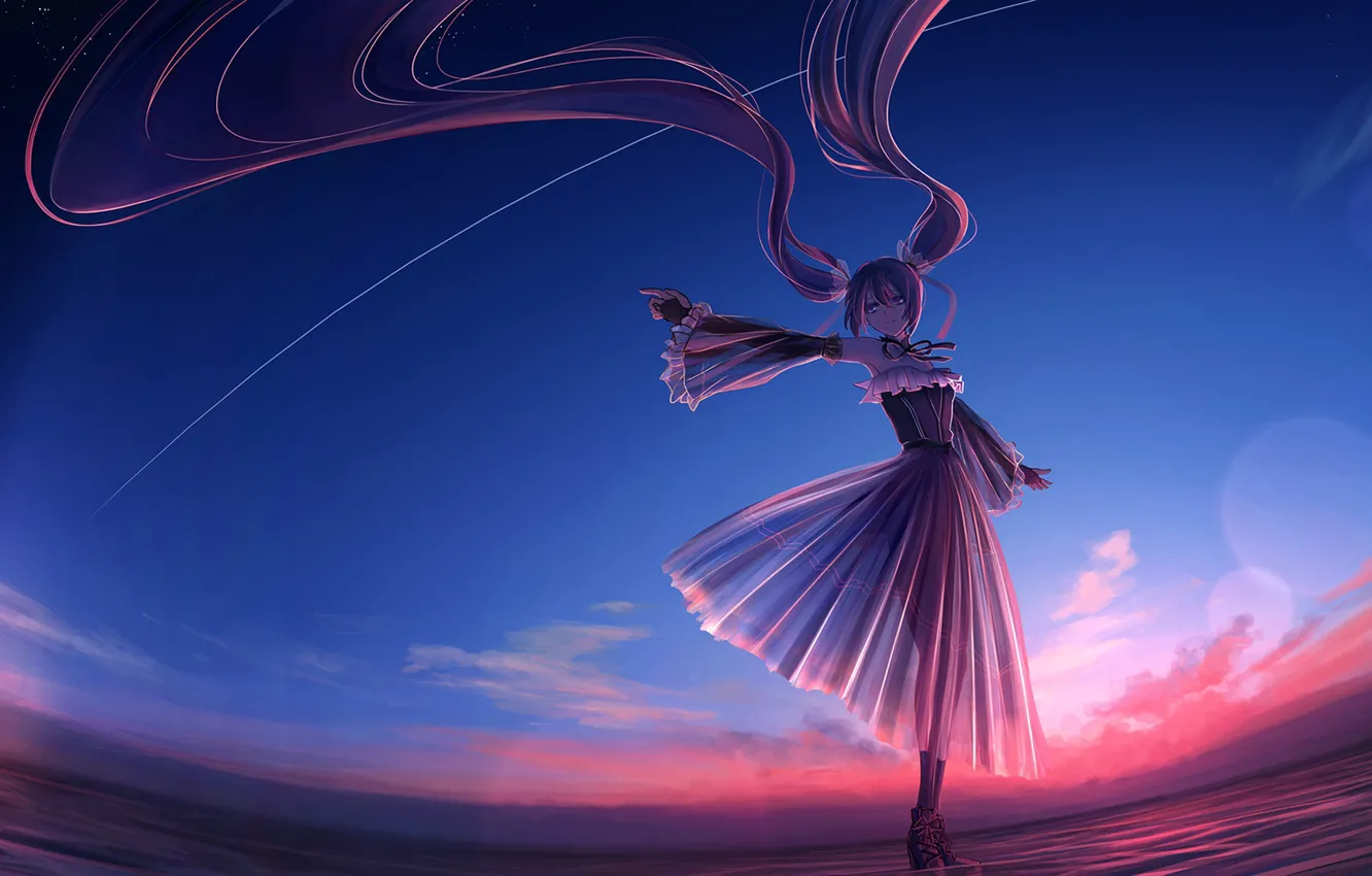 Фото обои небо, вода, девушка, Hatsune Miku, Vocaloid