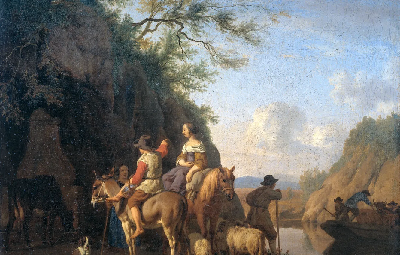 Фото обои пейзаж, масло, картина, переправа, холст, Адриан ван де Велде, Adriaen van de Velde, 1666