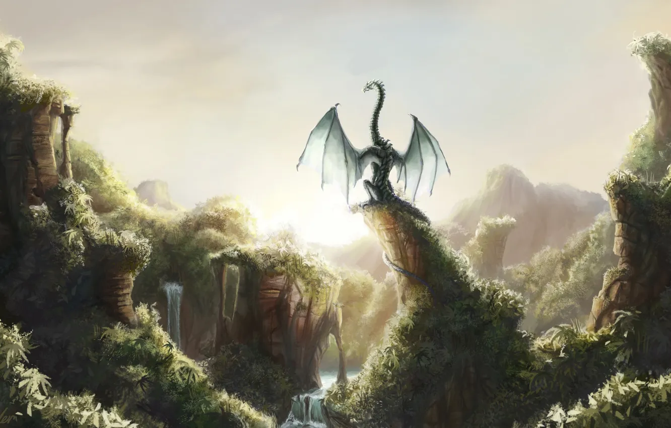 Фото обои зелень, скалы, дракон, арт, водопады