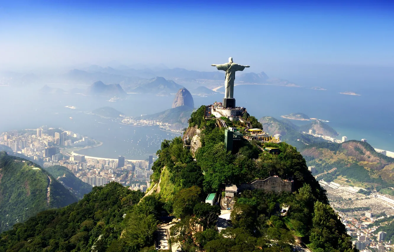 Фото обои облака, горы, город, статуя, Бразилия, Иисуса Христа, спасителя