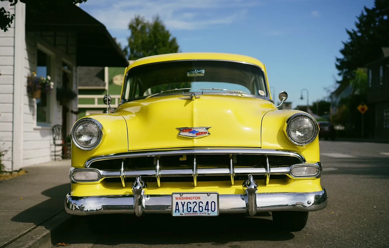 Фото обои желтый, ретро, Chevrolet, передок