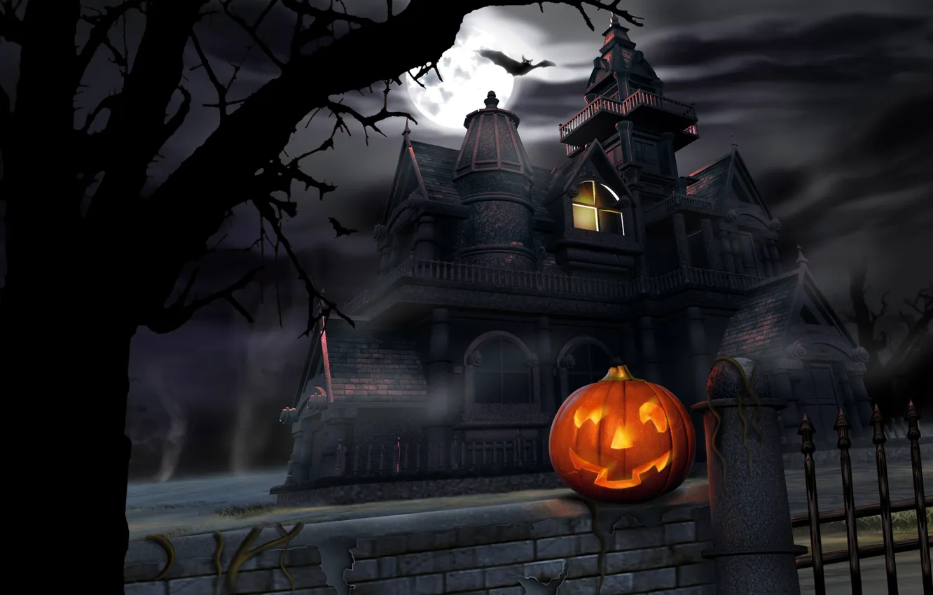 Фото обои замок, тыква, Хеллоуин