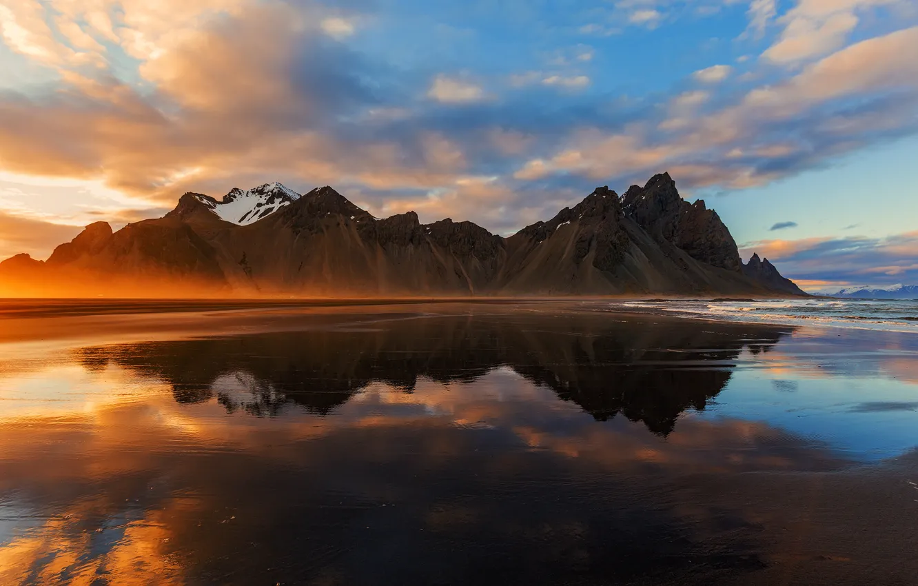 Фото обои море, пляж, свет, горы, Исландия