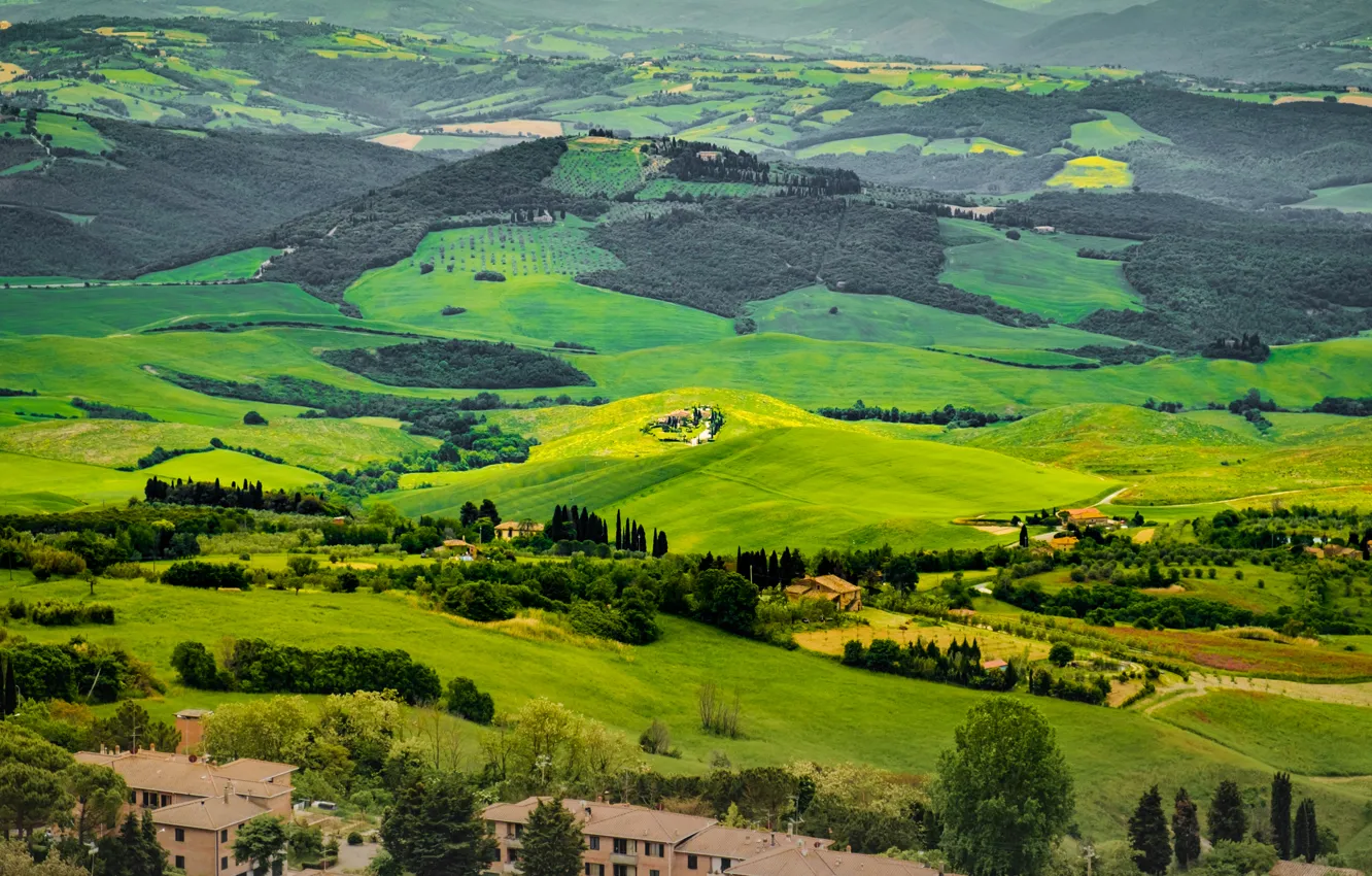 Фото обои деревья, поля, дома, Италия, панорама, Tuscany