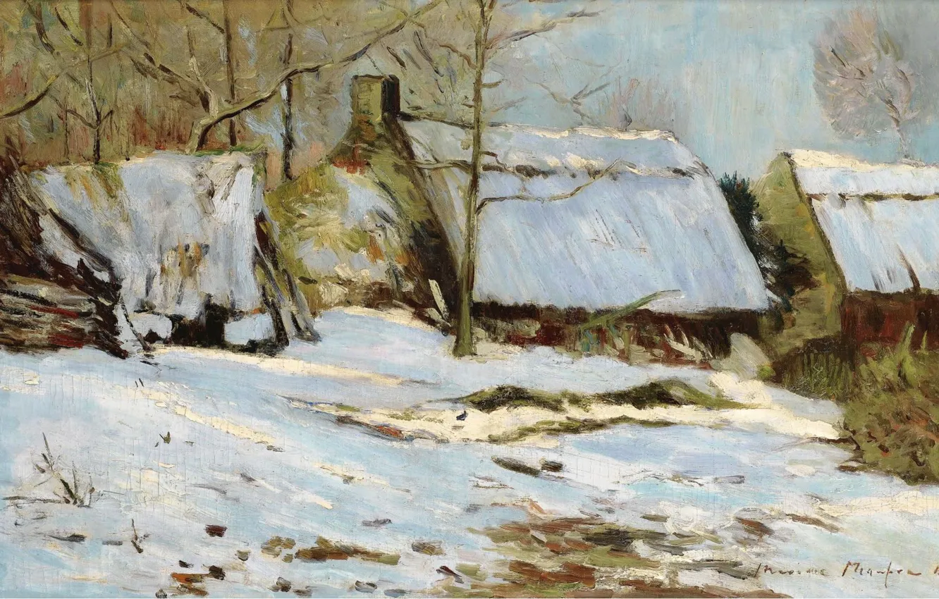 Фото обои зима, пейзаж, картина, 1891, Maxime Maufra, Максим Мофра, Хижины под Снегом