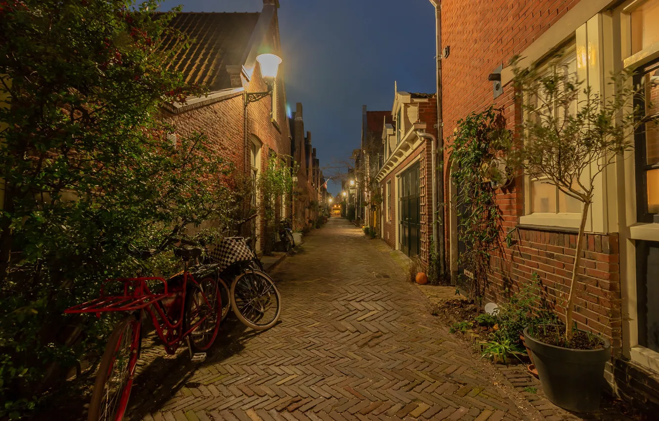 Фото обои огни, улица, вечер, Нидерланды, Голландия, Алкмар