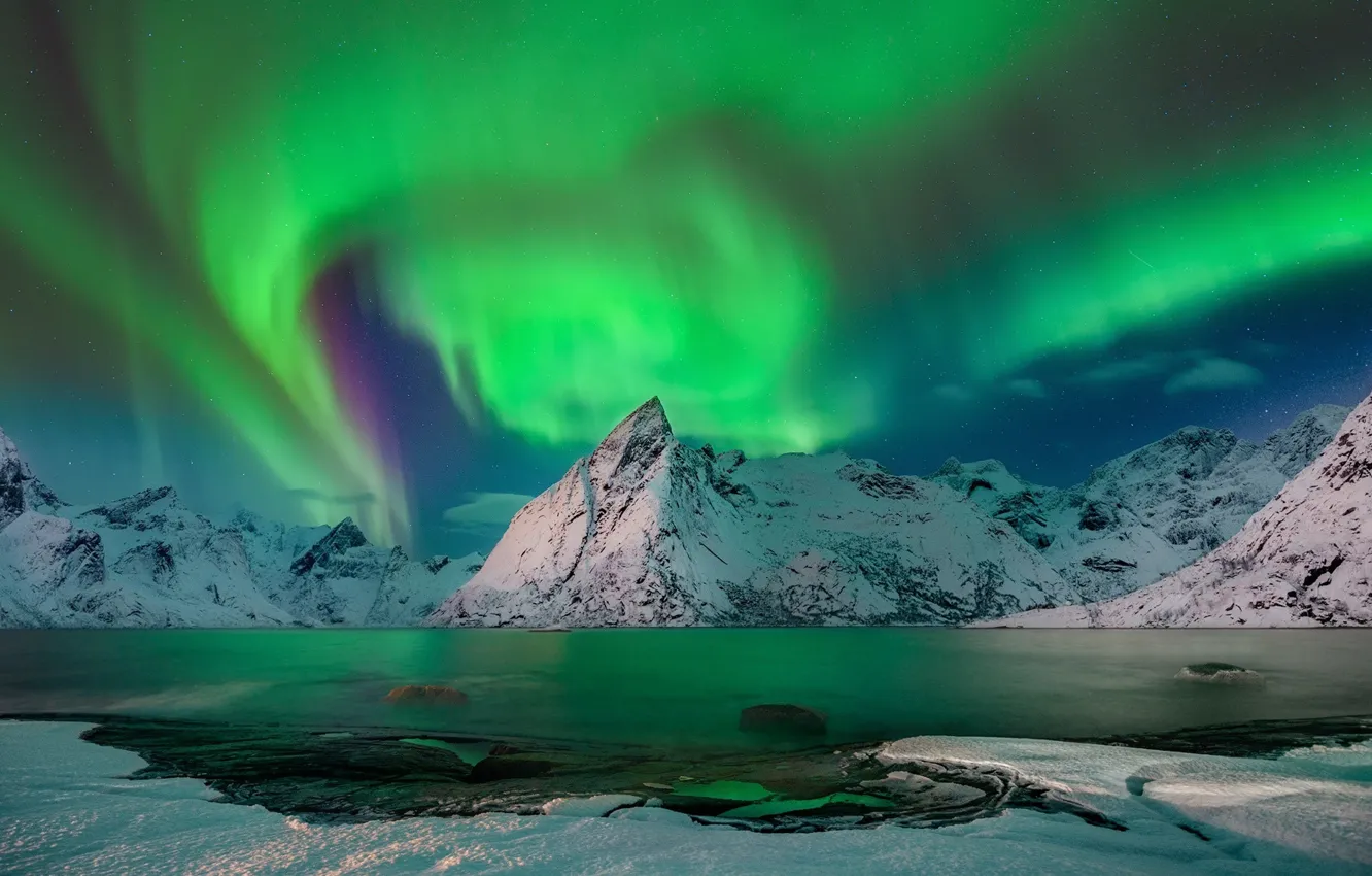 Фото обои зима, небо, снег, горы, ночь, северное сияние, Норвегия, север