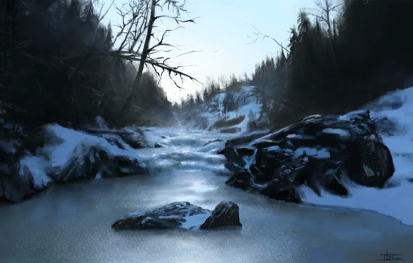 Фото обои зима, лес, снег, природа, река, камни, холмы, арт