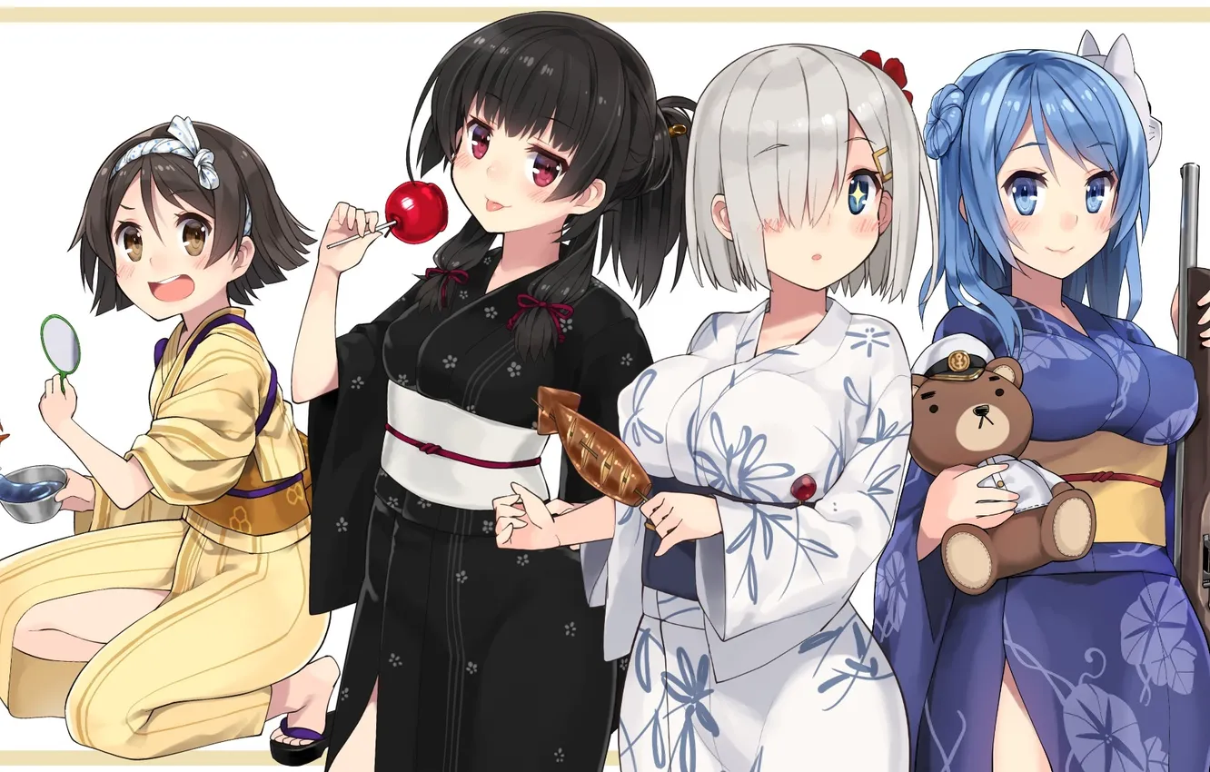Фото обои оружие, девушки, игрушка, аниме, арт, кимоно, конфета, kuro chairo no neko