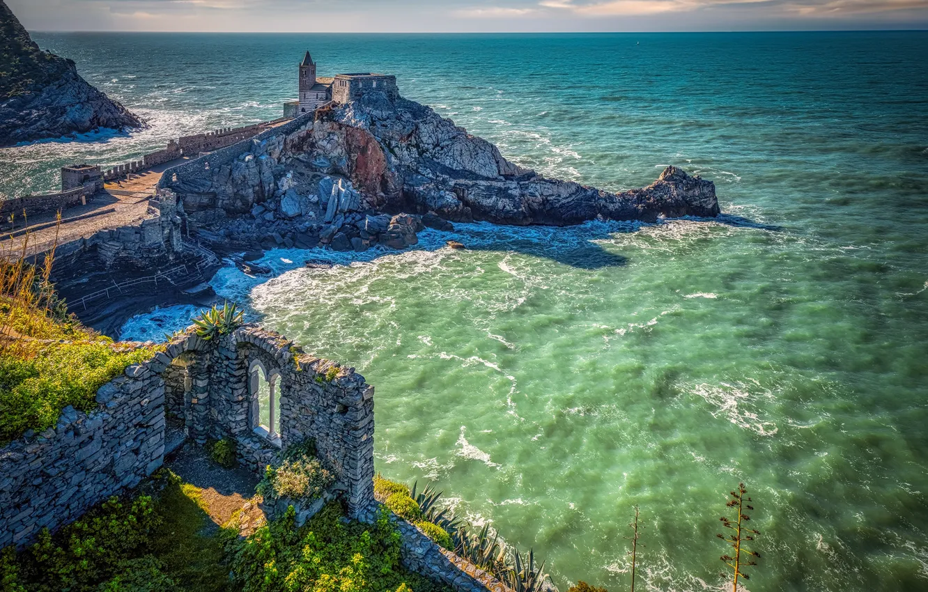 Фото обои море, побережье, Италия, церковь, Italy, мыс, Лигурия, Liguria