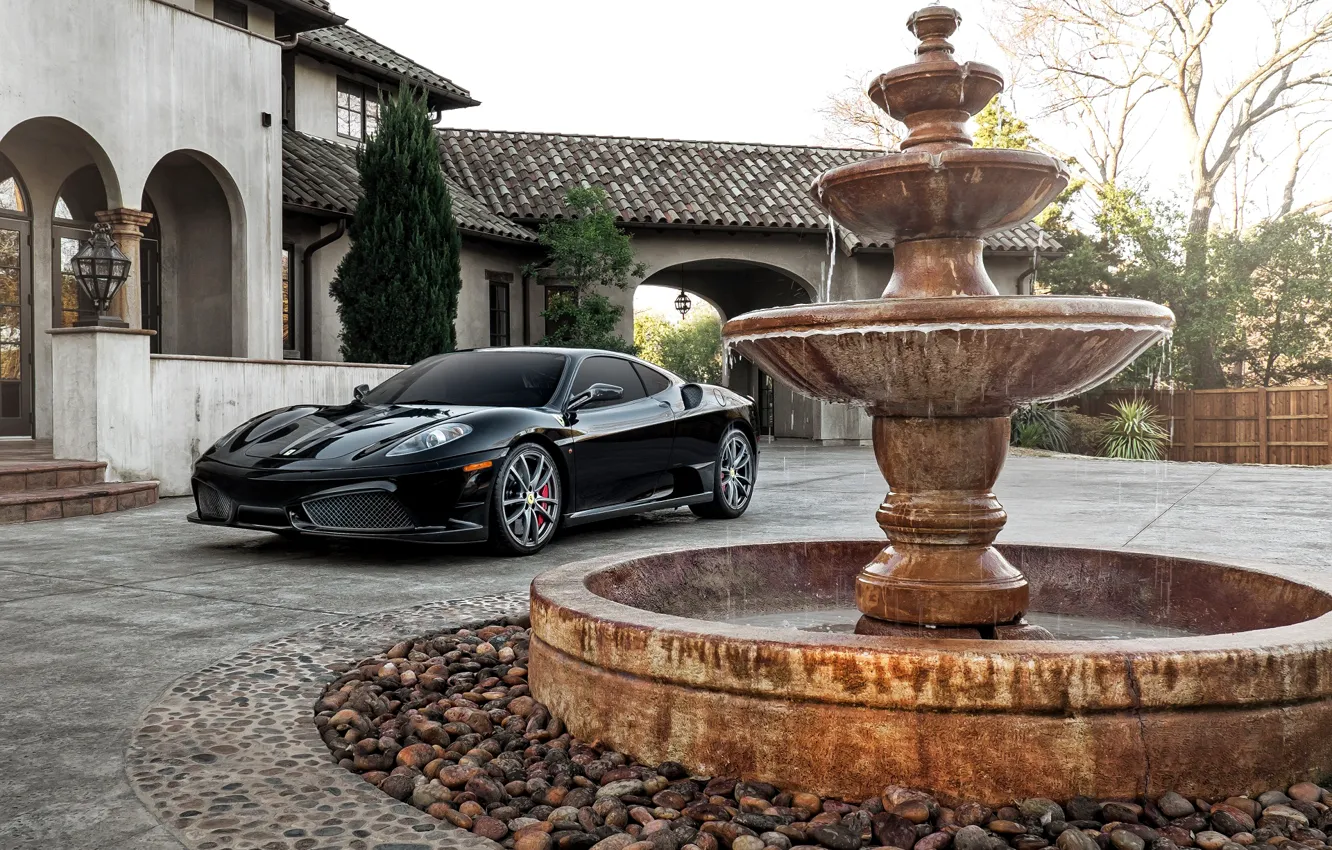 Фото обои дом, черная, фонтан, F430, Ferrari, суперкар, феррари, Black