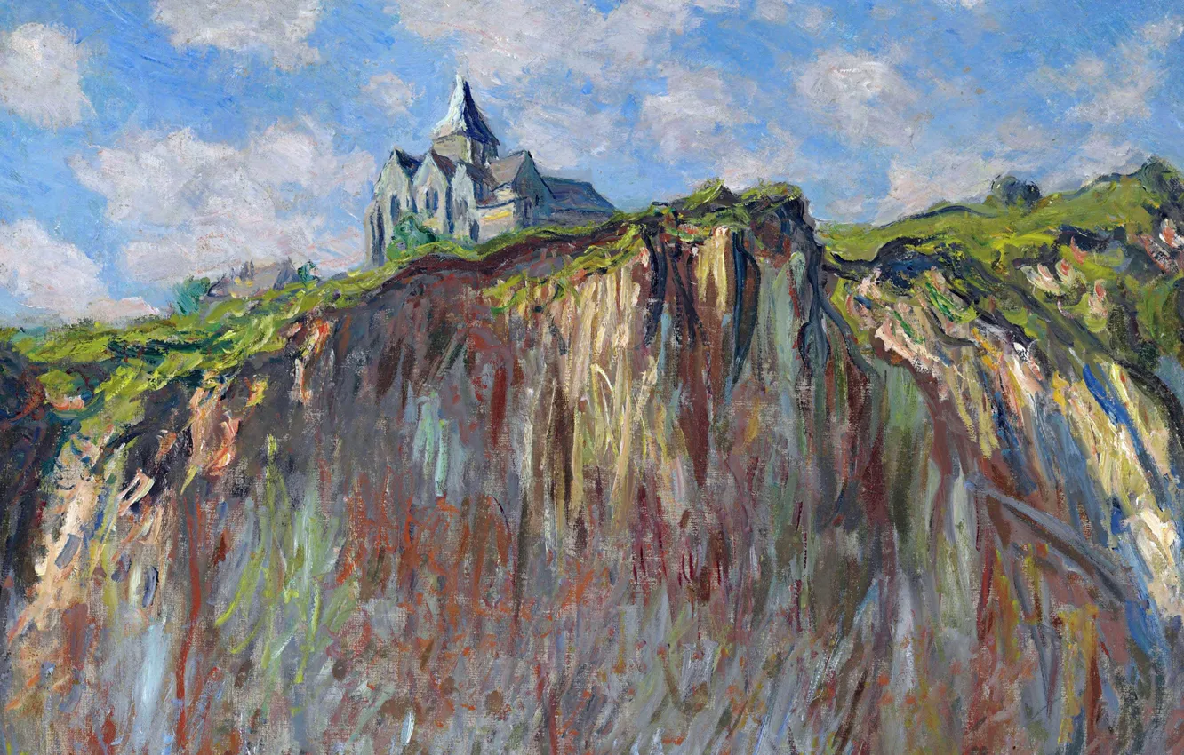 Фото обои пейзаж, скала, картина, Клод Моне, Церковь в Варанжвиле