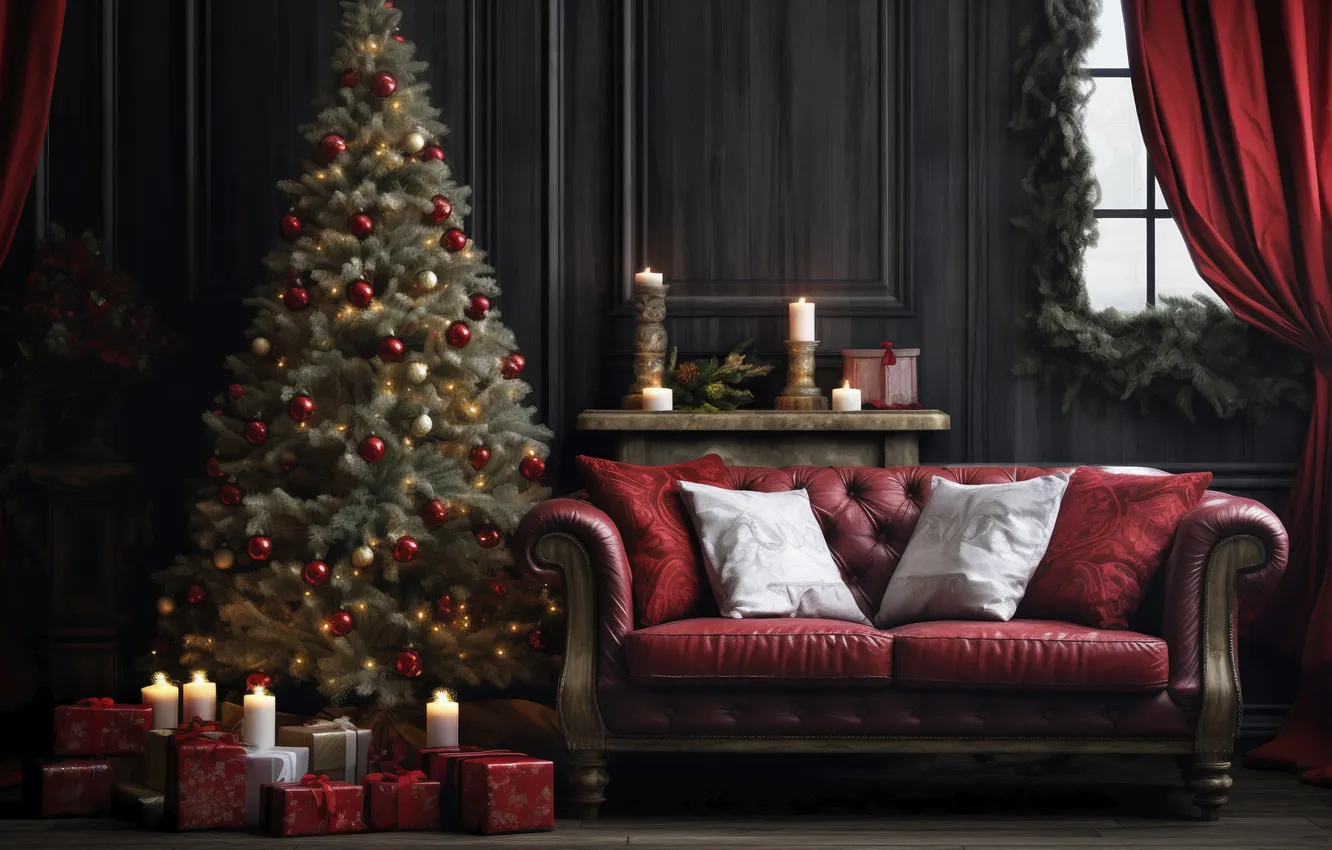 Фото обои комната, елка, интерьер, Рождество, Новый год, Christmas, tree, interior