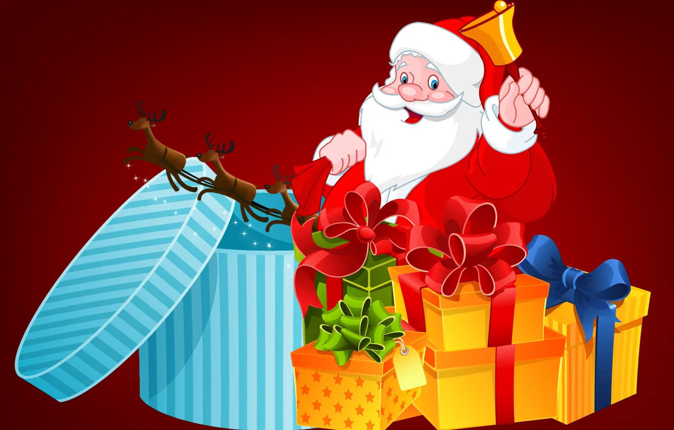 Фото обои Рождество, Новый год, Праздник, Олени, Колокольчик, Подарки, Санта-Клаус, Рождественские подарки для детей